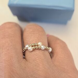 14kt Solid Yellow Gold Bypass Beaded Ring With Pearls